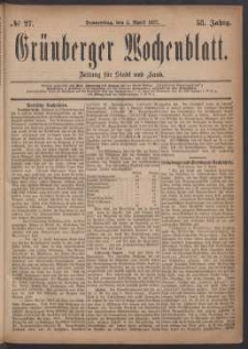 Gr&uuml;nberger Wochenblatt: Zeitung f&uuml;r Stadt und Land, No. 27. (5. April 1877)
