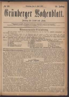 Gr&uuml;nberger Wochenblatt: Zeitung f&uuml;r Stadt und Land, No. 52. (1. Juli 1877)