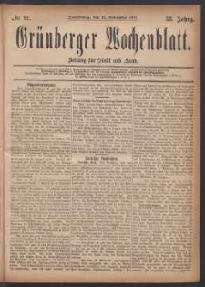 Gr&uuml;nberger Wochenblatt: Zeitung f&uuml;r Stadt und Land, No. 91. (15. November 1877)