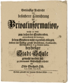 Vorläussige Nachricht von besonderer Einrichtung der Privatinformation ...