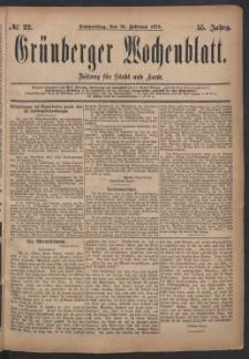 Gr&uuml;nberger Wochenblatt: Zeitung f&uuml;r Stadt und Land, No. 22. (20. Februar 1879)