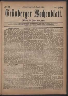 Gr&uuml;nberger Wochenblatt: Zeitung f&uuml;r Stadt und Land, No. 92. (7. August 1879)