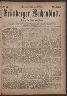 Gr&uuml;nberger Wochenblatt: Zeitung f&uuml;r Stadt und Land, No. 94. (12. August 1879)