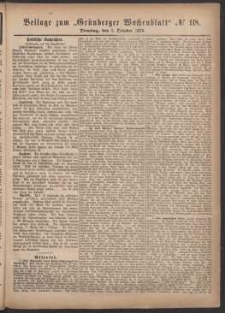 Gr&uuml;nberger Wochenblatt: Zeitung f&uuml;r Stadt und Land, [No. 118. (7. October 1879)]