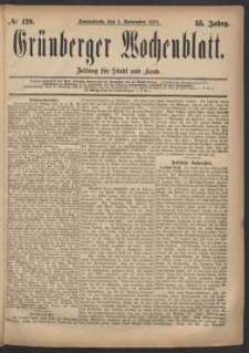 Grünberger Wochenblatt: Zeitung für Stadt und Land, No. 129. (1. November 1879)