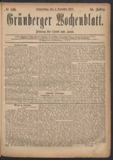 Gr&uuml;nberger Wochenblatt: Zeitung f&uuml;r Stadt und Land, No. 143. (4. Dezember 1879)