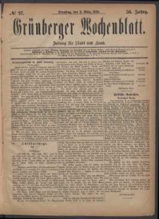 Grünberger Wochenblatt: Zeitung für Stadt und Land, No. 27. (2. März 1880)