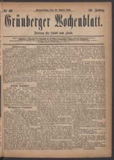 Gr&uuml;nberger Wochenblatt: Zeitung f&uuml;r Stadt und Land, No. 48. (22. April 1880)