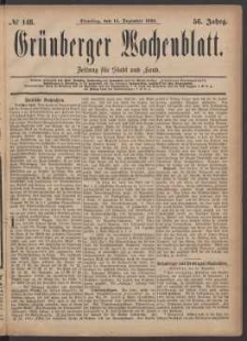 Gr&uuml;nberger Wochenblatt: Zeitung f&uuml;r Stadt und Land, No. 148. (14. Dezember 1880)