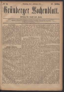 Gr&uuml;nberger Wochenblatt: Zeitung f&uuml;r Stadt und Land, No. 14. (1. Februar 1881)