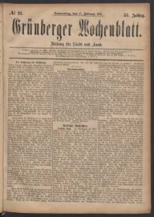 Gr&uuml;nberger Wochenblatt: Zeitung f&uuml;r Stadt und Land, No. 21. (17. Februar 1881)