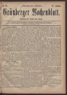Gr&uuml;nberger Wochenblatt: Zeitung f&uuml;r Stadt und Land, No. 67. (9. Juni 1881)