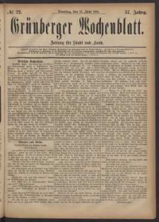 Grünberger Wochenblatt: Zeitung für Stadt und Land, No. 72. (21. Juni 1881)