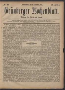 Gr&uuml;nberger Wochenblatt: Zeitung f&uuml;r Stadt und Land, No. 20. (16. Februar 1882)