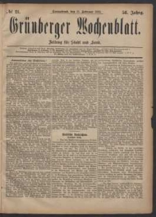 Gr&uuml;nberger Wochenblatt: Zeitung f&uuml;r Stadt und Land, No. 21. (18. Februar 1882)