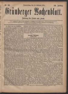 Gr&uuml;nberger Wochenblatt: Zeitung f&uuml;r Stadt und Land, No. 23. (23. Februar 1882)