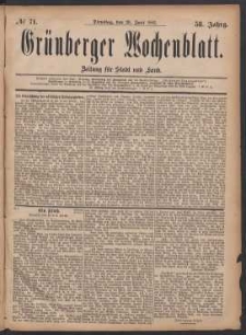 Gr&uuml;nberger Wochenblatt: Zeitung f&uuml;r Stadt und Land, No. 71. (20. Juni 1882)