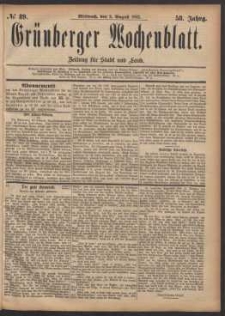 Gr&uuml;nberger Wochenblatt: Zeitung f&uuml;r Stadt und Land, No. 89. (2. August 1882)