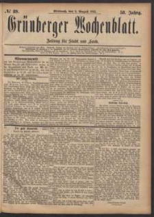 Grünberger Wochenblatt: Zeitung für Stadt und Land, No. 89. (2. August 1882)