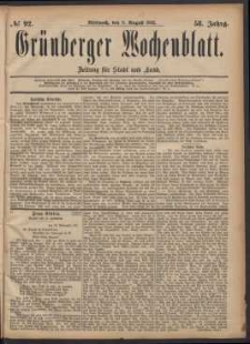 Gr&uuml;nberger Wochenblatt: Zeitung f&uuml;r Stadt und Land, No. 92. (9. August 1882)