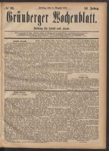 Gr&uuml;nberger Wochenblatt: Zeitung f&uuml;r Stadt und Land, No. 93. (11. August 1882)