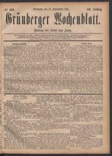 Grünberger Wochenblatt: Zeitung für Stadt und Land, No. 110. (20. September 1882)