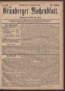 Gr&uuml;nberger Wochenblatt: Zeitung f&uuml;r Stadt und Land, No. 113. (27. September 1882)