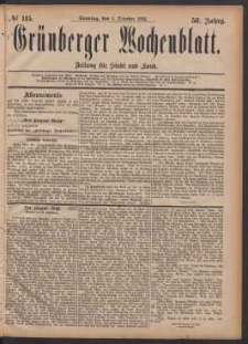 Gr&uuml;nberger Wochenblatt: Zeitung f&uuml;r Stadt und Land, No. 115. (1. October 1882)