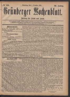 Grünberger Wochenblatt: Zeitung für Stadt und Land, No. 115. (1. October 1882)