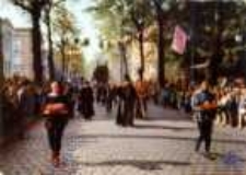 Zielona Góra; "Dni Winobrania". Goście i brać winiarska w korowodzie, w głębi wiklinowa wiecha winna