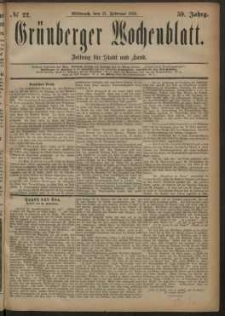 Gr&uuml;nberger Wochenblatt: Zeitung f&uuml;r Stadt und Land, No. 22. (21. Februar 1883)