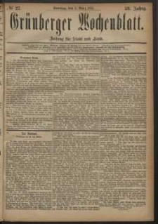 Gr&uuml;nberger Wochenblatt: Zeitung f&uuml;r Stadt und Land, No. 27. (4. M&auml;rz 1883)