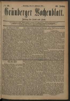 Grünberger Wochenblatt: Zeitung für Stadt und Land, No. 18. (10. Februar 1884)