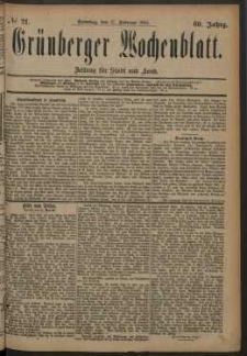 Grünberger Wochenblatt: Zeitung für Stadt und Land, No. 21. (17. Februar 1884)