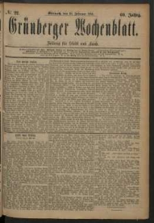 Gr&uuml;nberger Wochenblatt: Zeitung f&uuml;r Stadt und Land, No. 22. (20. Februar 1884)
