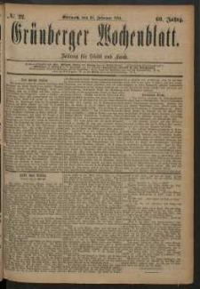 Grünberger Wochenblatt: Zeitung für Stadt und Land, No. 22. (20. Februar 1884)