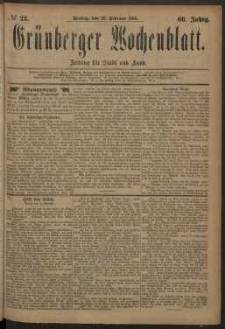 Gr&uuml;nberger Wochenblatt: Zeitung f&uuml;r Stadt und Land, No. 23. (22. Februar 1884)
