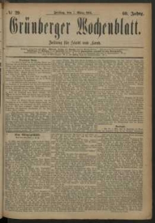 Gr&uuml;nberger Wochenblatt: Zeitung f&uuml;r Stadt und Land, No. 29. (7. M&auml;rz 1884)