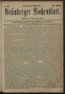 Grünberger Wochenblatt: Zeitung für Stadt und Land, No. 34. (19. März 1884)