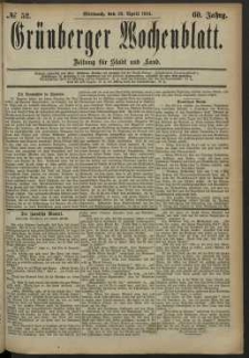 Grünberger Wochenblatt: Zeitung für Stadt und Land, No. 52. (30. April 1884)
