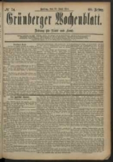 Grünberger Wochenblatt: Zeitung für Stadt und Land, No. 74. (20. Juni 1884)