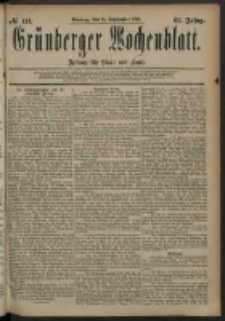 Grünberger Wochenblatt: Zeitung für Stadt und Land, No. 111. (14. September 1884)