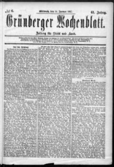 Gr&uuml;nberger Wochenblatt: Zeitung f&uuml;r Stadt und Land, No. 6. (14. Januar 1885)