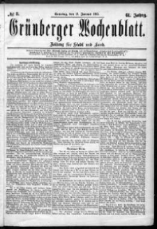 Gr&uuml;nberger Wochenblatt: Zeitung f&uuml;r Stadt und Land, No. 8. (18. Januar 1885)