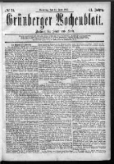Grünberger Wochenblatt: Zeitung für Stadt und Land, No. 71. (14. Juni 1885)
