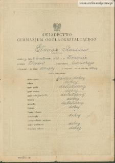 Stanisław Głowiak - Świadectwo gimnazjum ogólnokształcącego