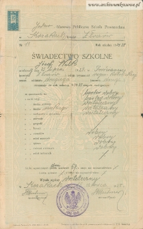 Józef Wilk - Świadectwo szkolne, Jednoklasowa Publiczna Szkoła Powszechna w Kozakach (powiat Złoczów)