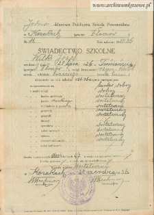 Józef Wilk - Świadectwo szkolne, Jednoklasowa Publiczna Szkoła Powszechna w Kozakach (powiat Złoczów)