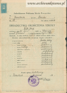 Józef Wilk - Świadectwo szkolne, Jednoklasowa Publiczna Szkoła Powszechna w Kozakach (powiat Złoczów)
