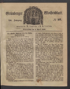 Gr&uuml;nberger Wochenblatt, No. 27. (4. April 1850)